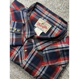 Wrangler Men’s XXL Long Sleeve Pearl Snap Shirt Blue Red Plaid Cowboy Cotton